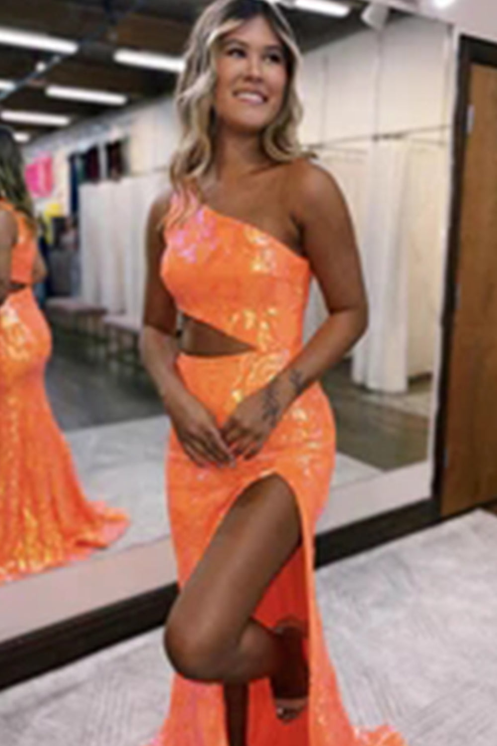 Orange Prom Dress Sequin One Shoulder Long Evening Dress with Slit