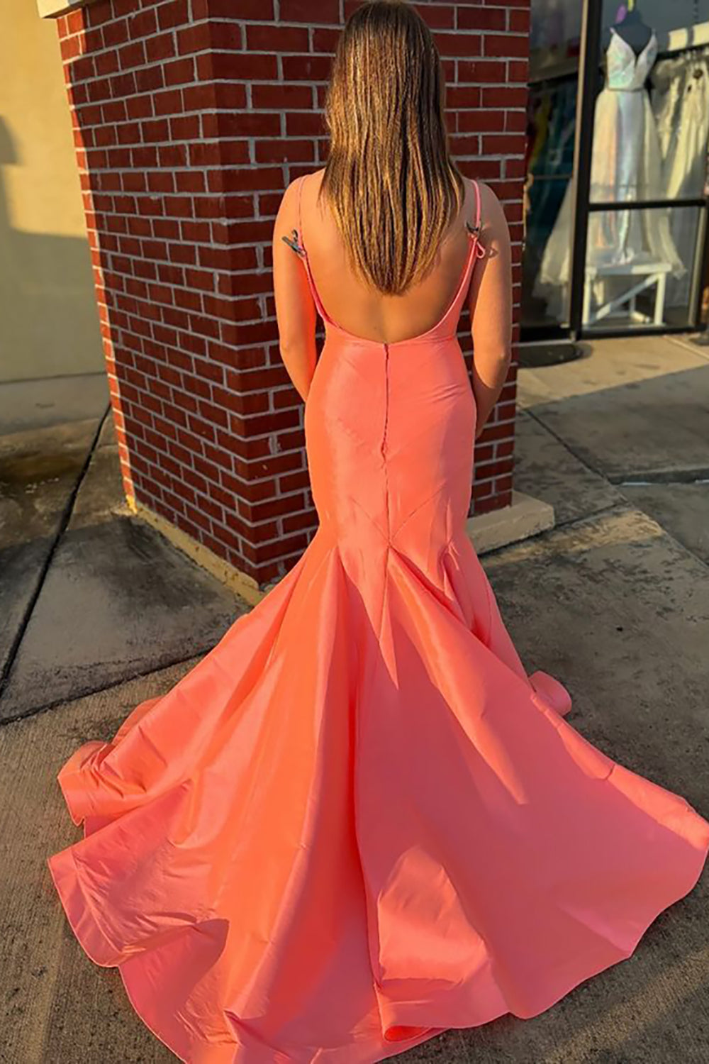 Orange Prom Dress Spaghetti Straps Mermaid Satin Long Evening Dress