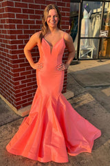 Orange Prom Dress Spaghetti Straps Mermaid Satin Long Evening Dress