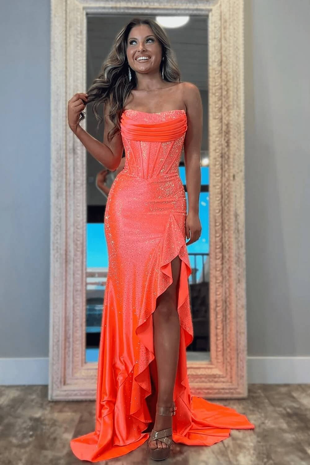 Hot Pink Beaded Prom Dress Strapless Corset Ruffled Evening Dress With Slit