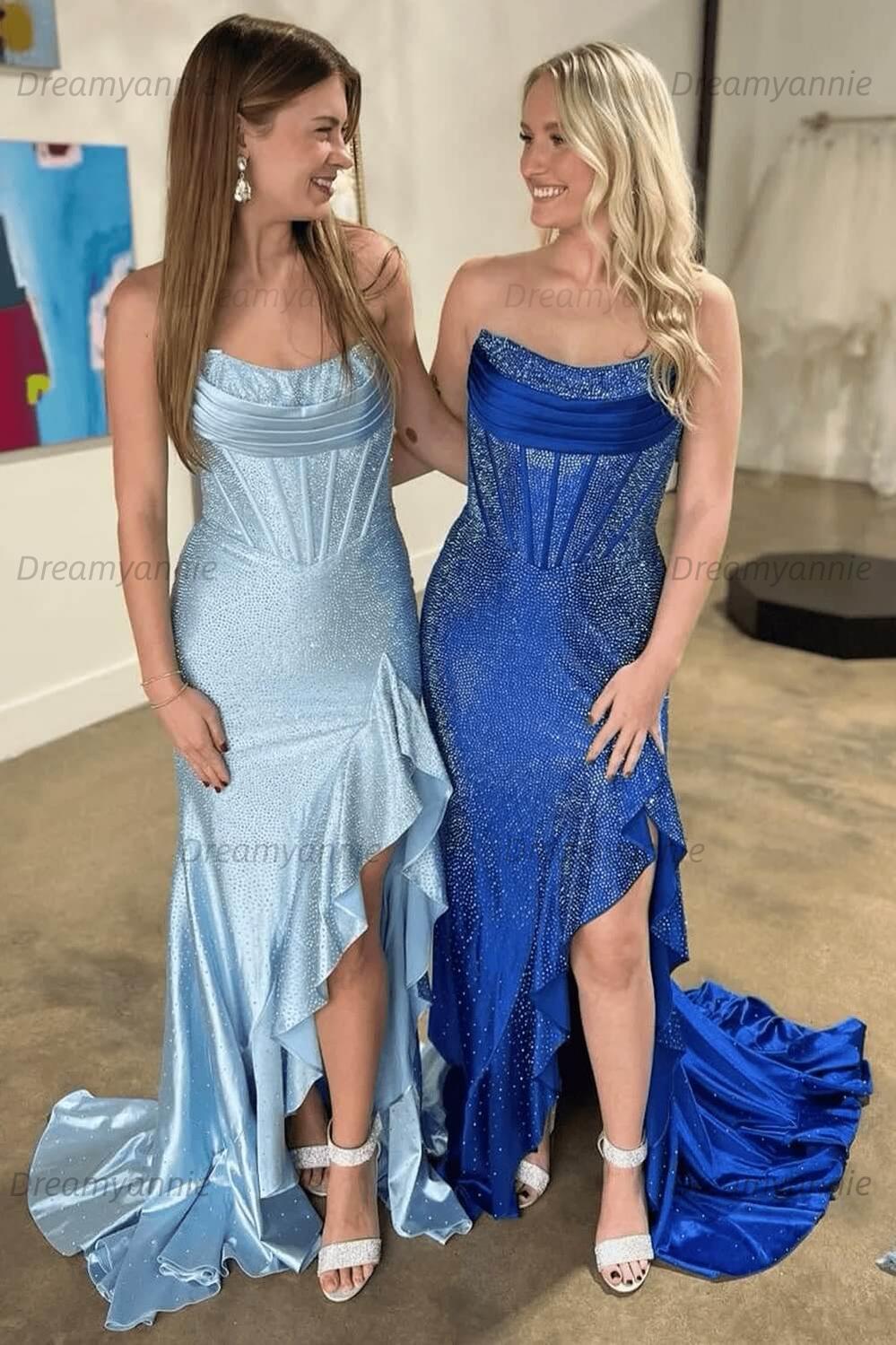 Hot Pink Beaded Prom Dress Strapless Corset Ruffled Evening Dress With Slit