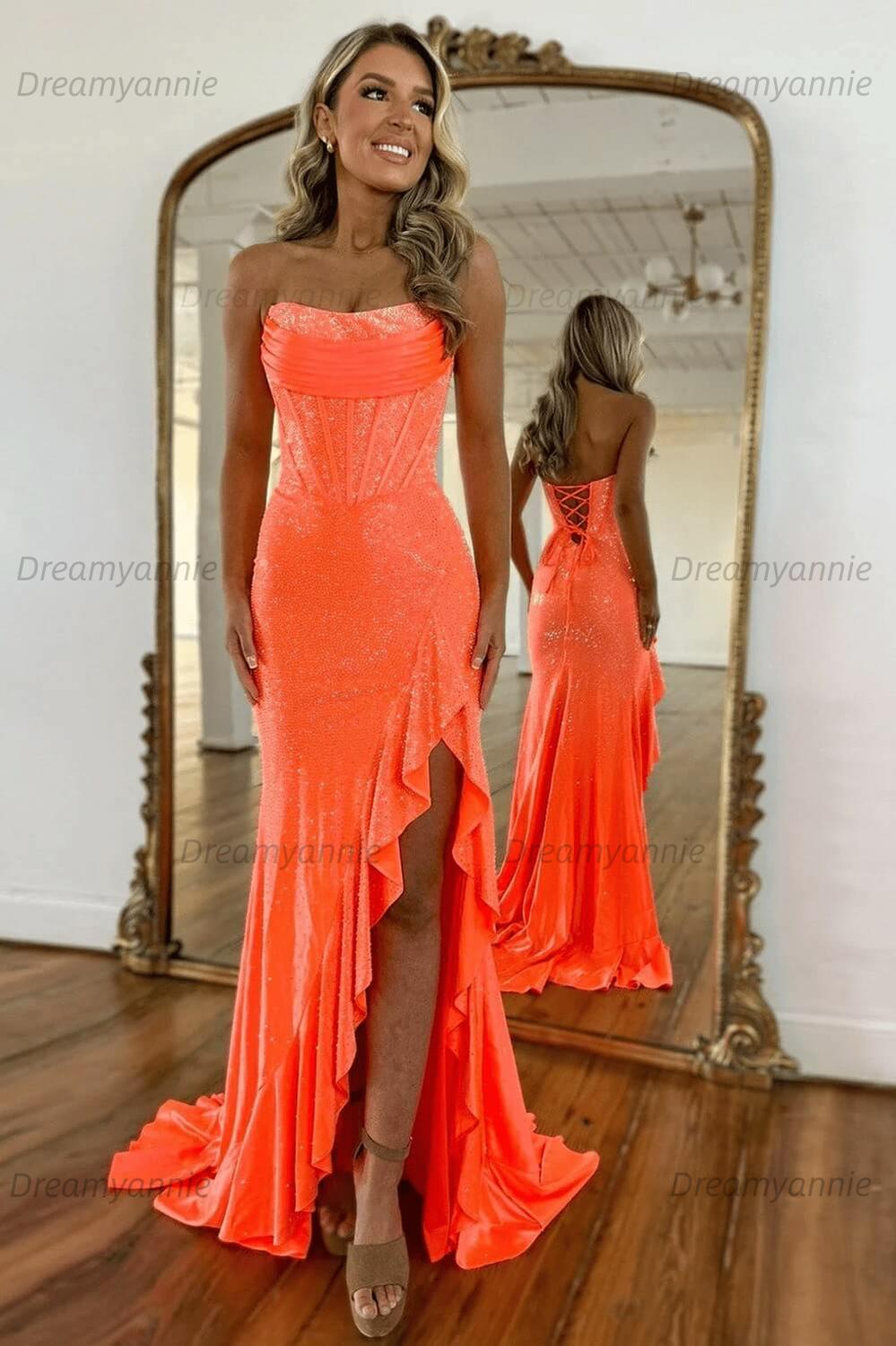 Hot Pink Beaded Prom Dress Strapless Corset Ruffled Evening Dress With Slit