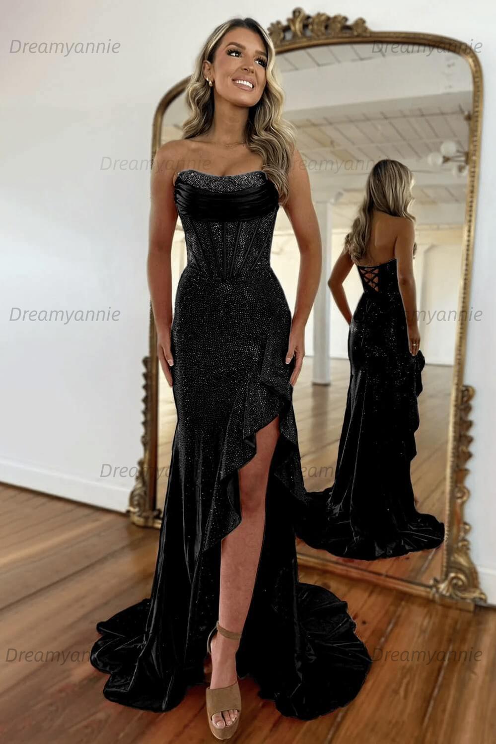 Hot Pink Beaded Prom Dress Strapless Corset Ruffled Evening Dress With Slit