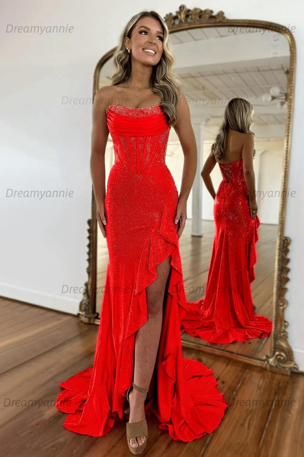 Hot Pink Beaded Prom Dress Strapless Corset Ruffled Evening Dress With Slit