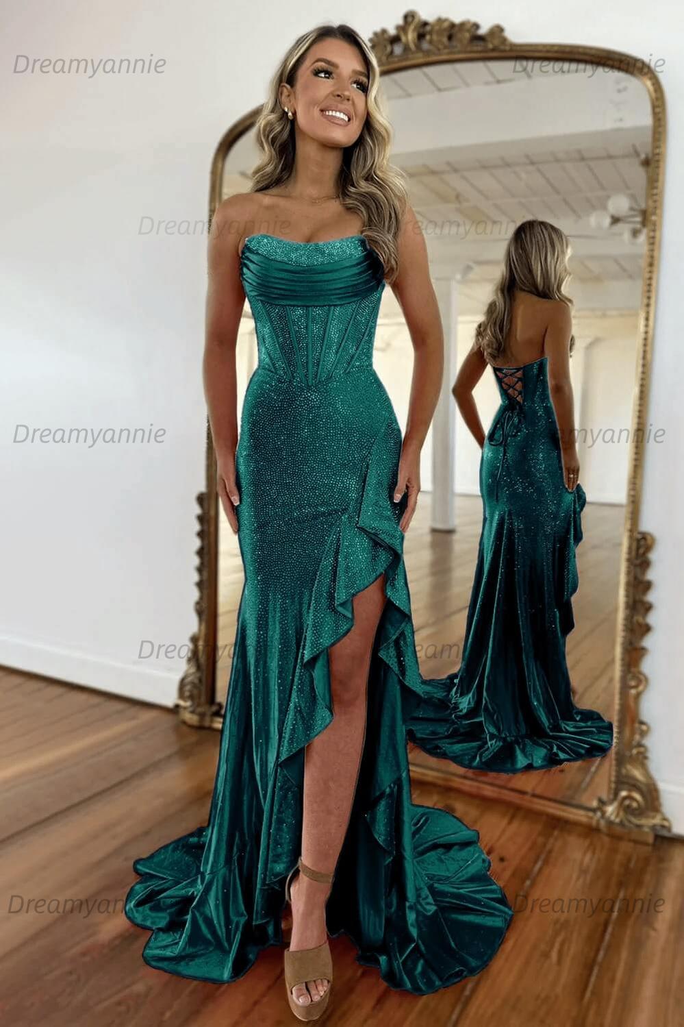 Hot Pink Beaded Prom Dress Strapless Corset Ruffled Evening Dress With Slit