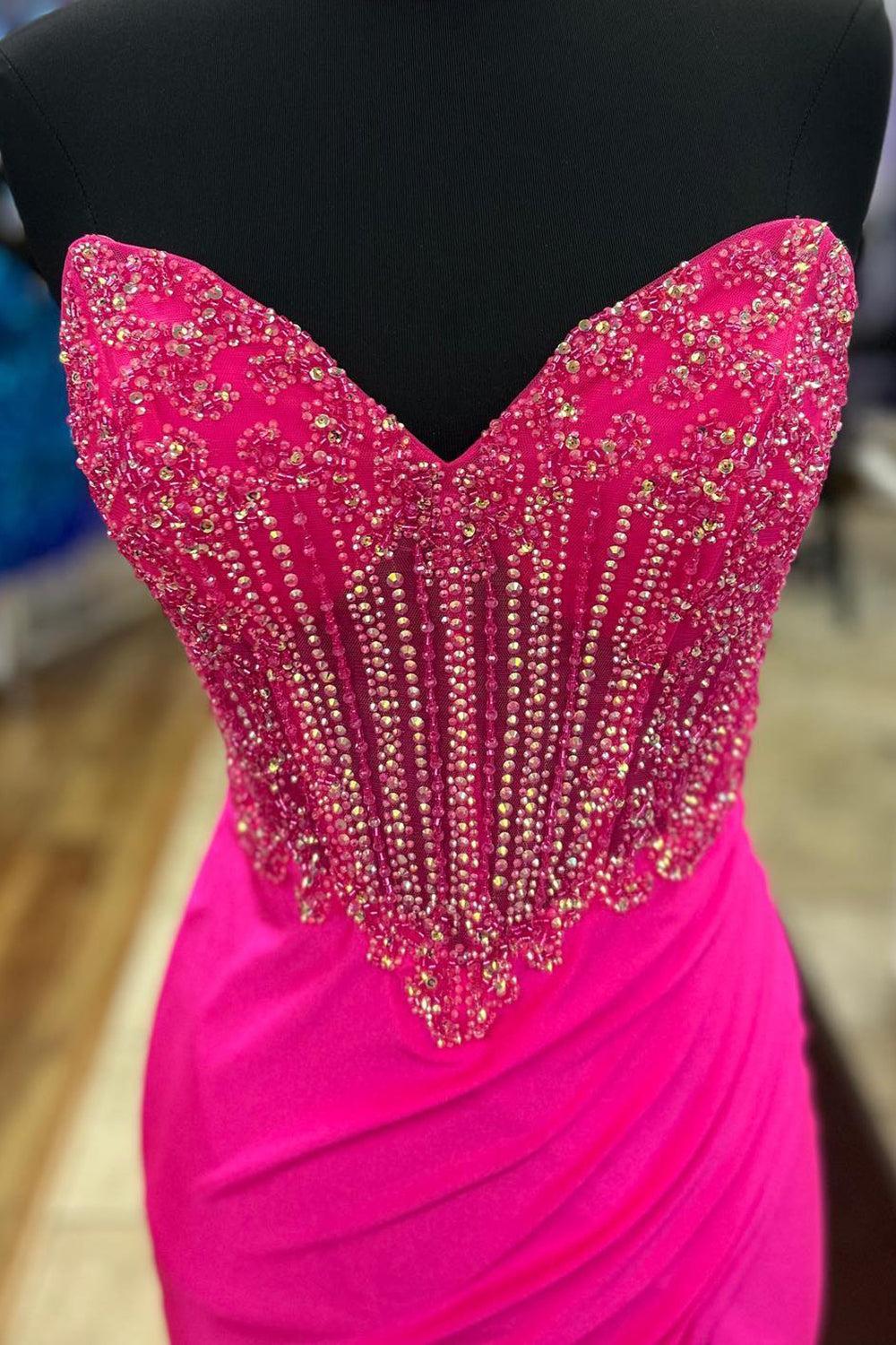 Orange Prom Dress Strapless Mermaid Beaded Long Evening Dress with Slit