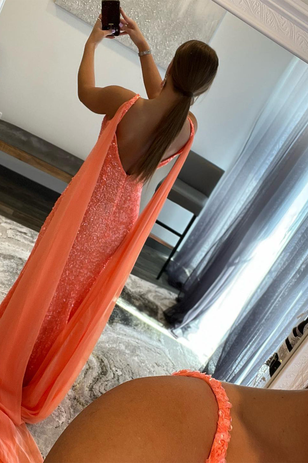 open lace back dress Orange Prom Dress Watteau Train Sequined Long Evening Dress – Dreamyannie UK