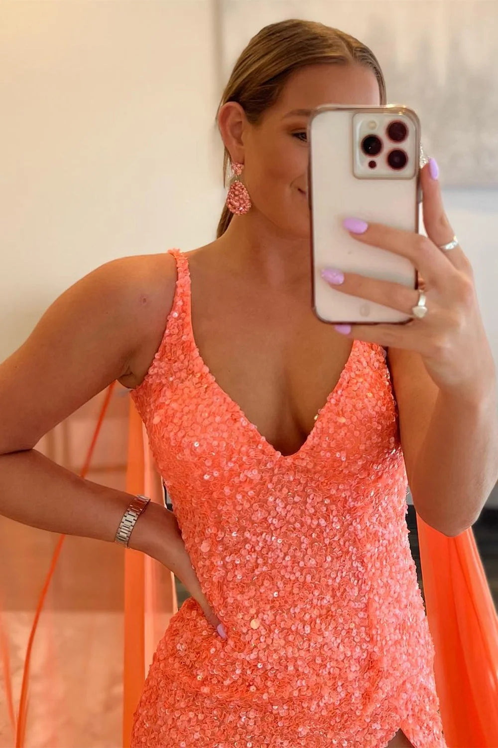 Orange Prom Dress Watteau Train Sequined Long Evening Dress
