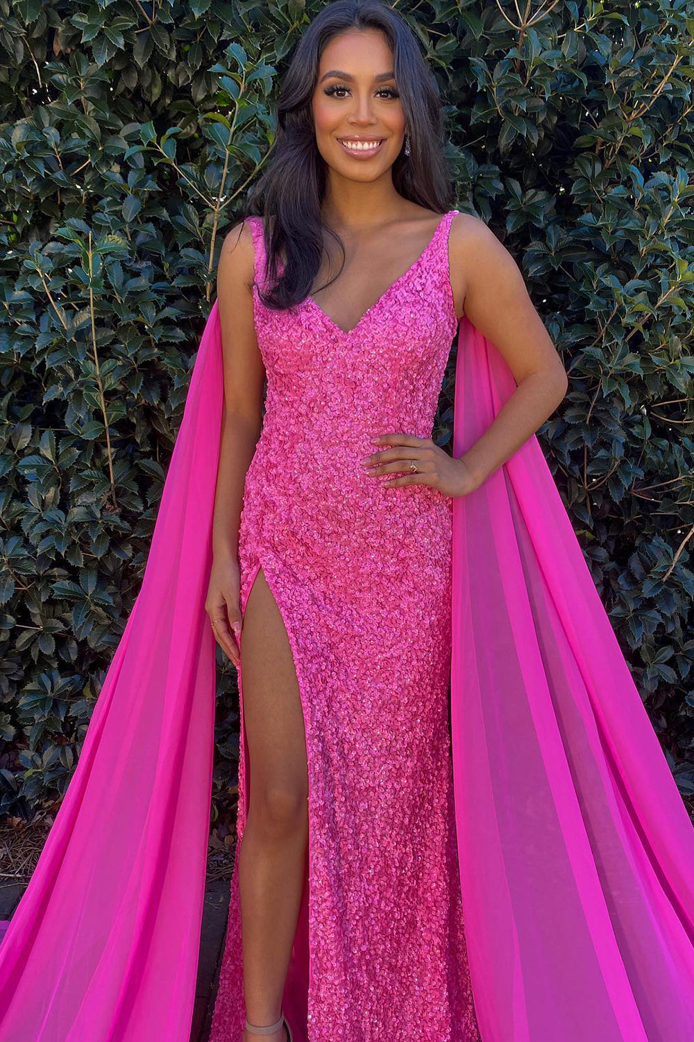Orange Prom Dress Watteau Train Sequined Long Evening Dress