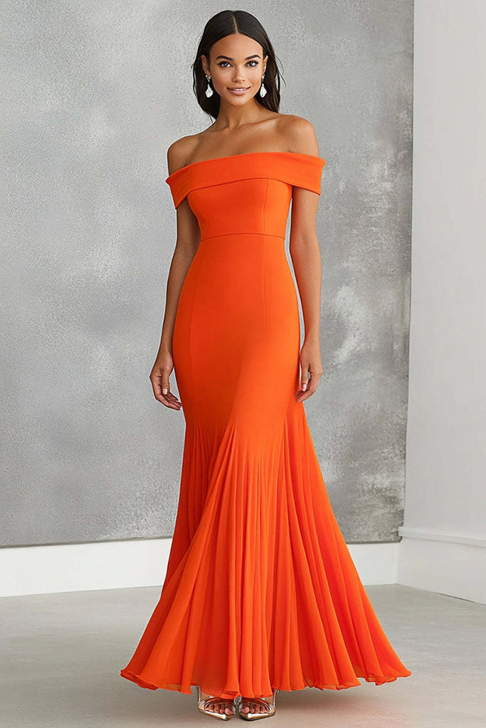 Dreamyannie UK Orange Wedding Guest Dress Chiffon Off The Shoulder Mermaid  Long Evening Dress