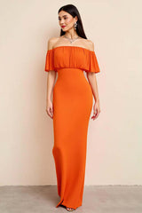 Orange Wedding Guest Dress Off The Shoulder Sheath Long Evening Dress