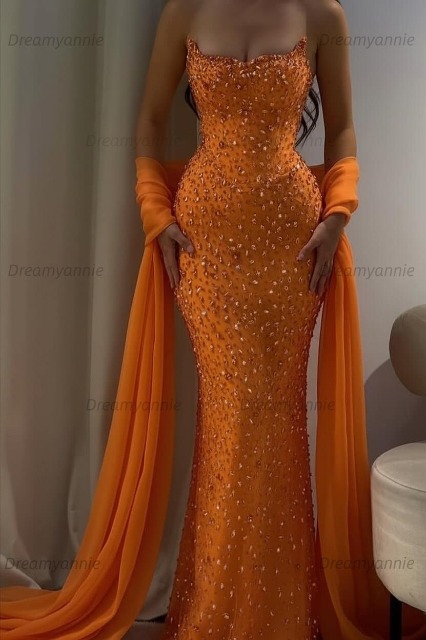 Pink Mermaid Prom Dress Strapless Beaded Evening Dress