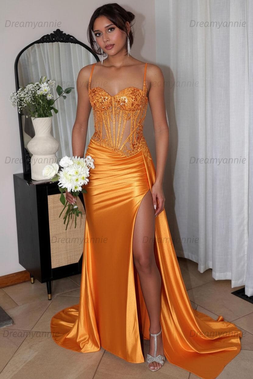 Corset Sequined Prom Dress Satin Appliqued Long Formal Dress With Slit