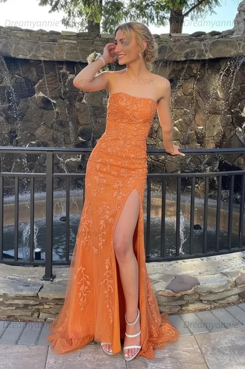 Pink Prom Dress Strapless Lace Long Evening Dress with Slit