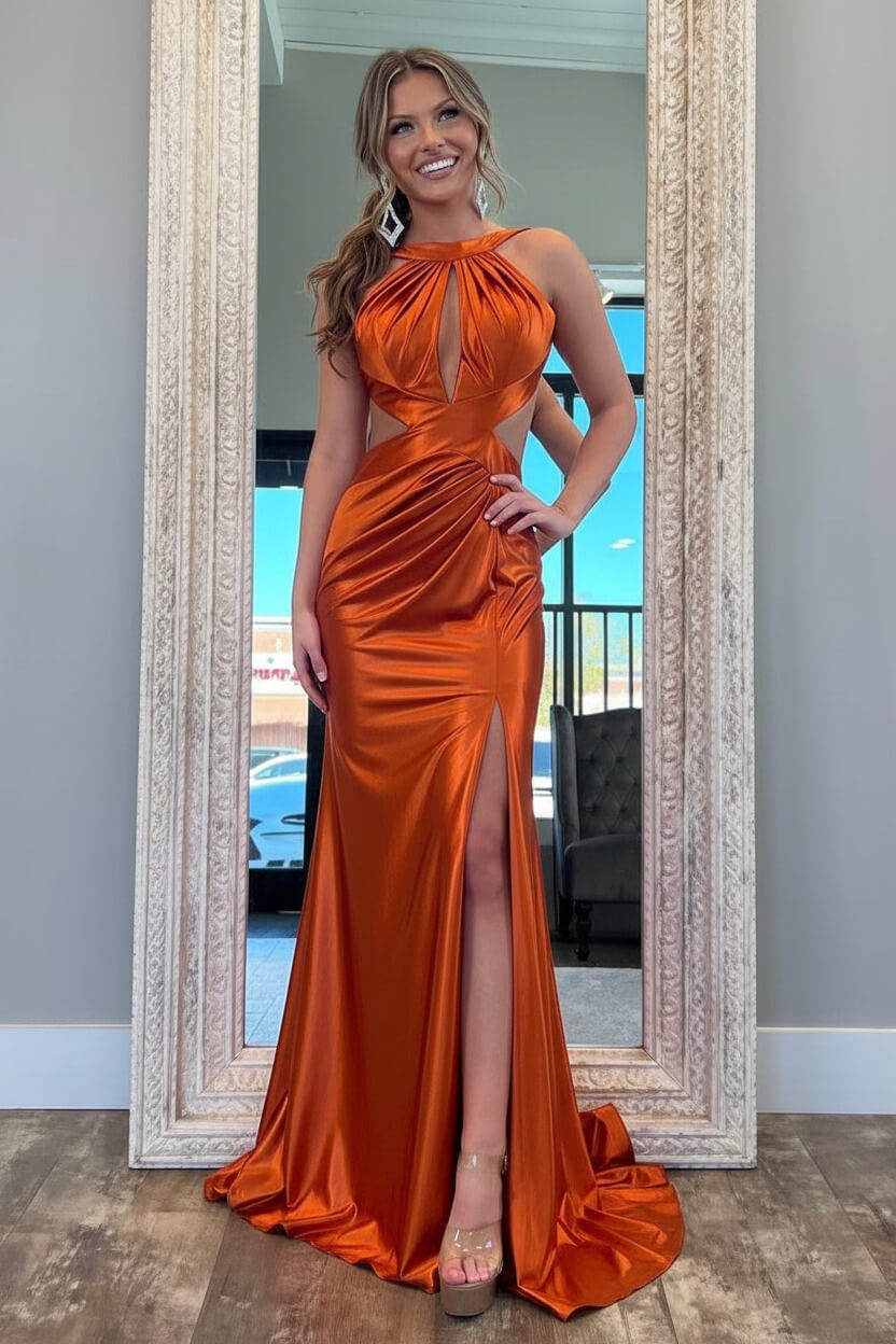 Stylish Fuchsia Metallic Mermaid Prom Dress With Slit And Open Back Formal Evening Gown