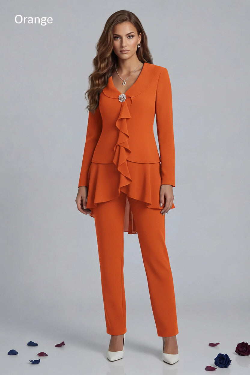 Dreamyannie Navy V Neck Ruffled Chiffon 2 Piece Mother Of The Bride Pant Suits With Sleeves