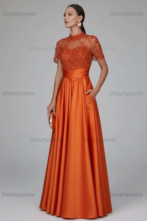 Green A Line Prom Dress Short Sleeve High Neck Beaded Evening Dress