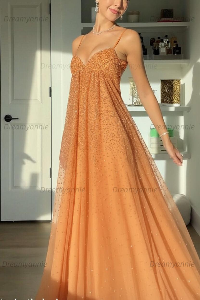 Bling A Line Spaghetti Straps Grey Blue Long Party Dress With Beading Formal Evening Gown