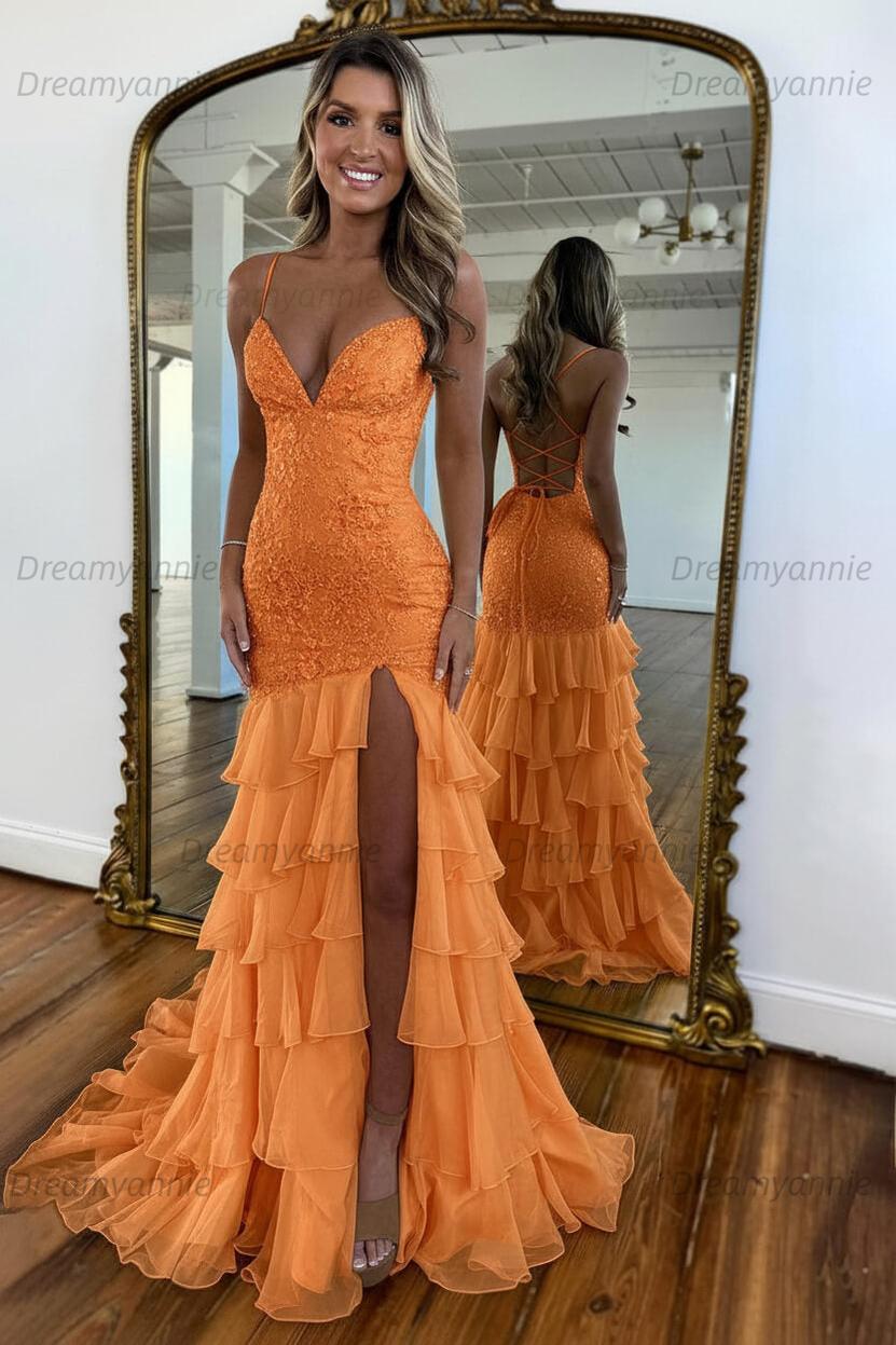 Charming Mermaid Spaghetti Straps Lace Up Long Prom Dress With Ruffle Skirt Formal Evening Gown