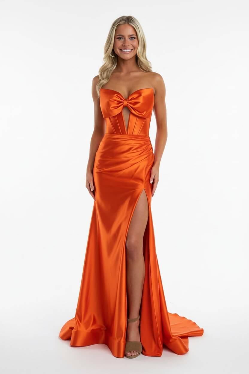 Dreamyannie Corset Red Prom Dress Satin Sweetheart Evening Dress With Slit