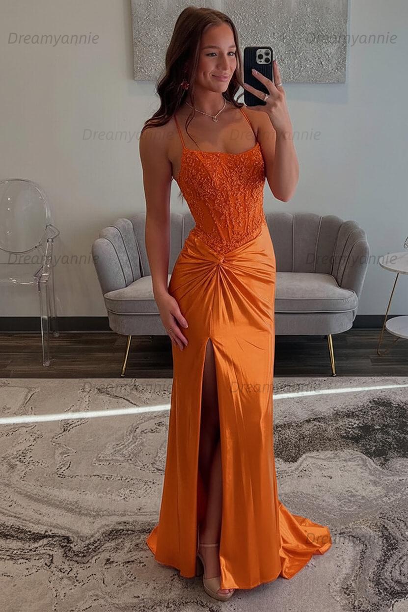 Dreamyannie Red Prom Dress Spaghetti Straps Ruhed Long Lace Formal Dress With Appliques