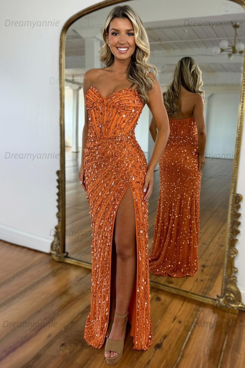 Sweetheart Mermaid Sequined Prom Dress With High Slit Skirt Evening Gown