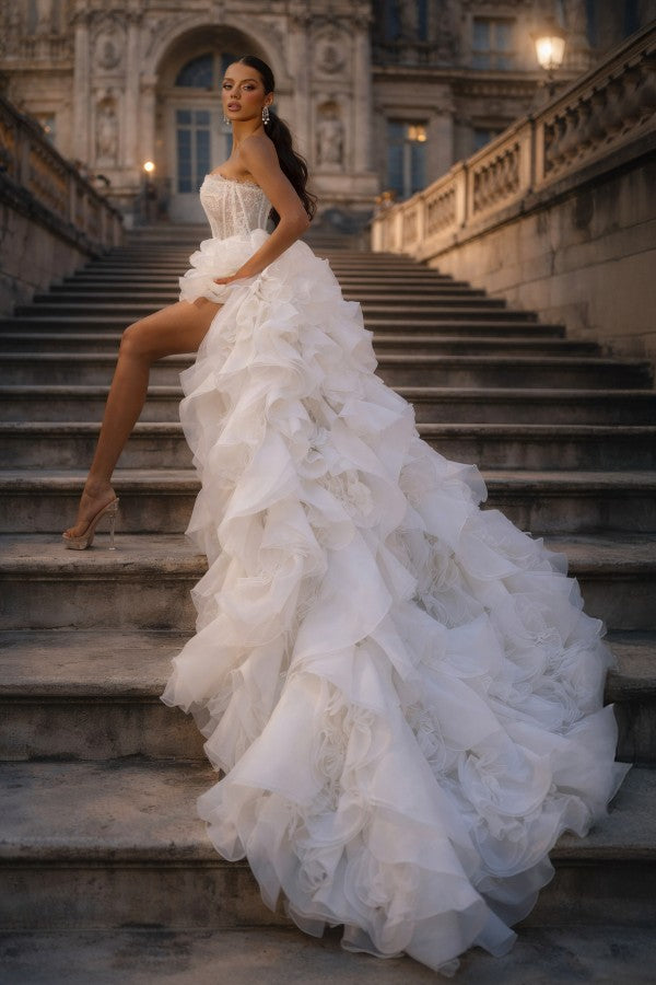 Organza A Line High Low Wedding Dress with Ruffles and Corset Bodice