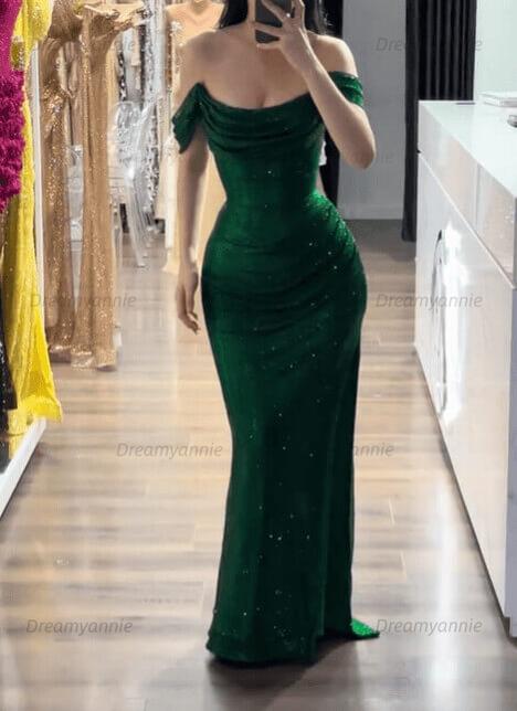 Silver Off the Shoulder Sequined Prom Dress Mermaid Floor Length Formal Dress with Slit