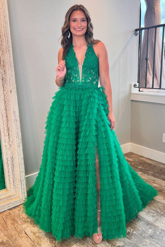 Green Ruffled Corset Long Prom Dress with Lace