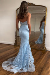 Sparkly Light Blue Mermaid Sweerheart Corset Prom Dress with Appliques