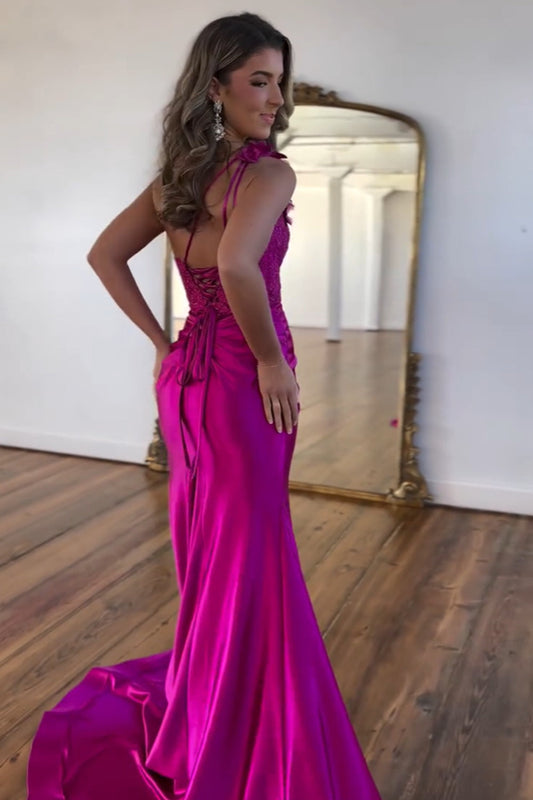 Sparkly Fuchsia One Shoulder Mermaid Satin Long Prom Dress with Slit