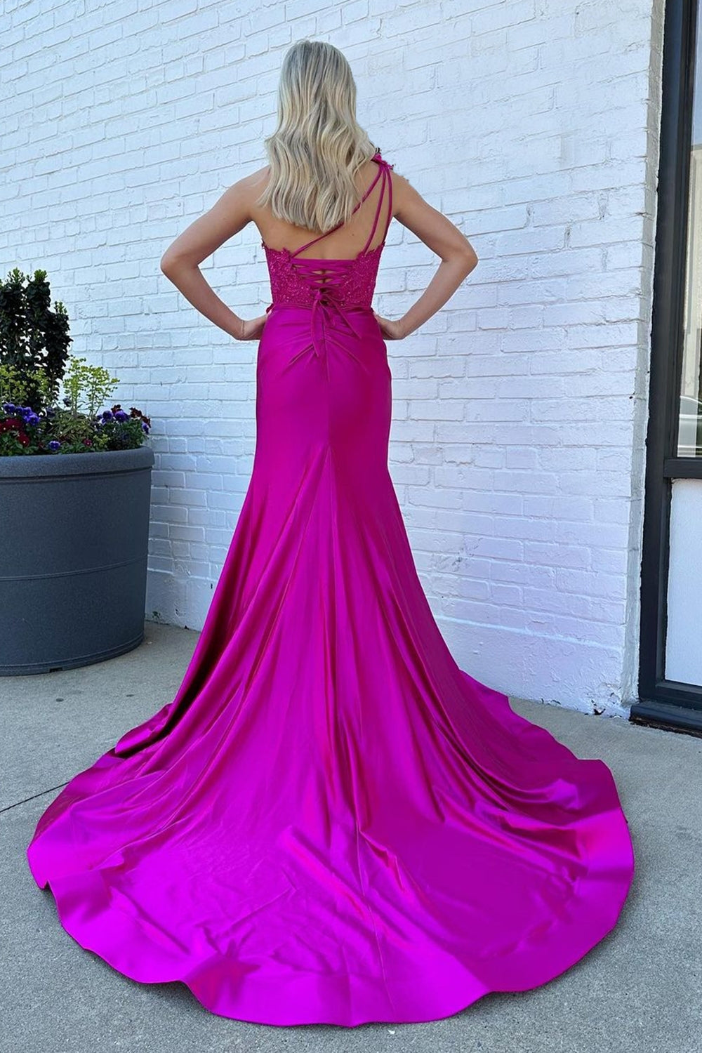 Sparkly Fuchsia One Shoulder Mermaid Satin Long Prom Dress with Slit