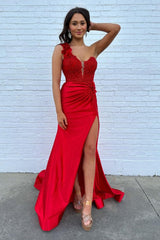 Sparkly Fuchsia One Shoulder Mermaid Satin Long Prom Dress with Slit