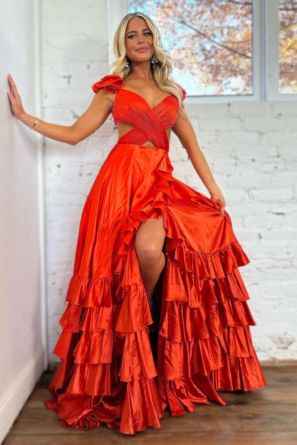 Red Ruffled Satin Hollow Out Long Prom Dress