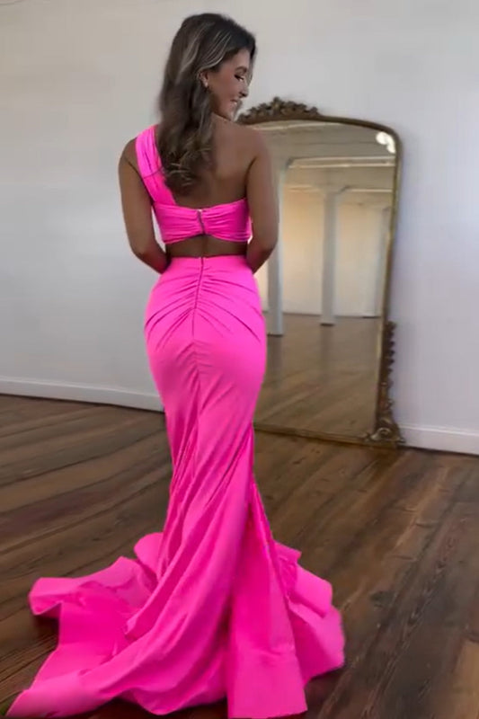 Hot Pink One Shoulder Two Piece Satin Long Prom Dress