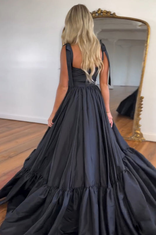 A Line Black Spaghetti Straps Satin Pleated Long Prom Dress