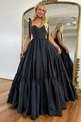 A Line Black Spaghetti Straps Satin Pleated Long Prom Dress