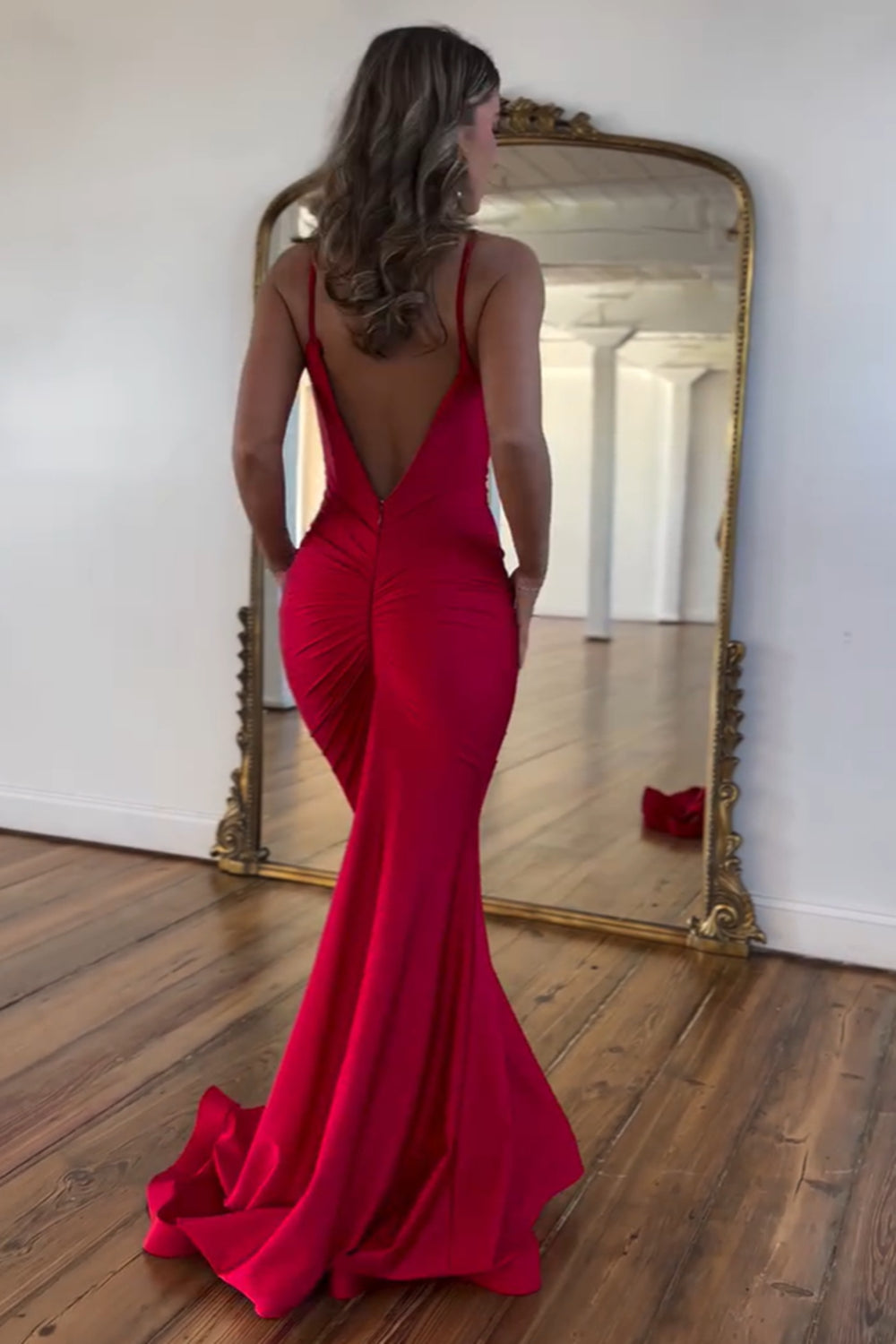 Red Spaghetti Straps Mermaid Satin Backless Long Prom Dress