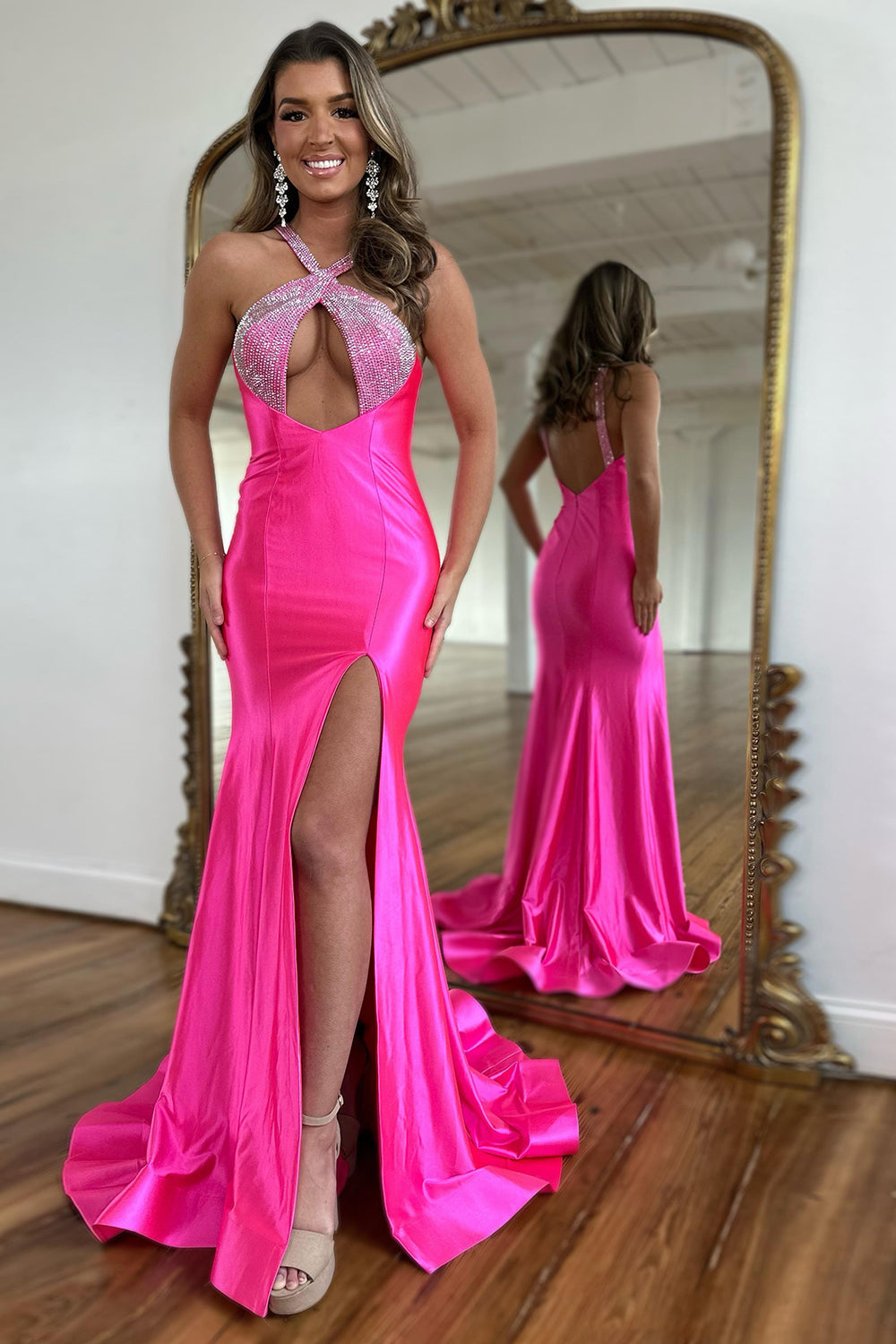 Sparkly Fuchsia Halter Mermaid Hollow Out Prom Dress with Slit