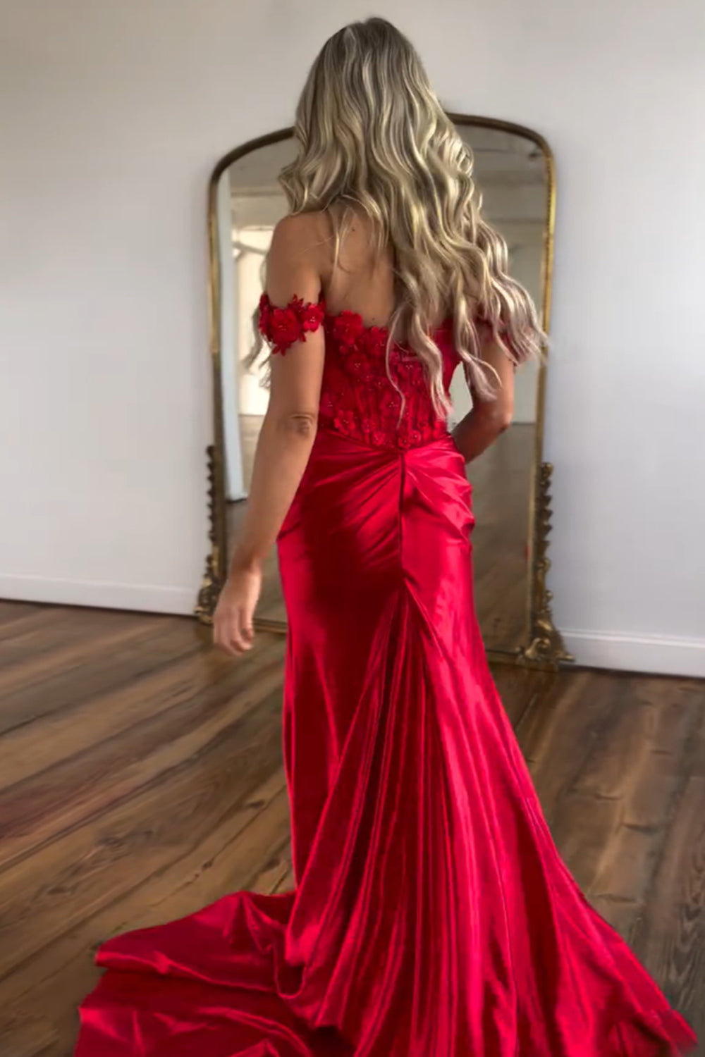 Off The Shoulder Red Mermaid Corset Satin Prom Dress with Flower