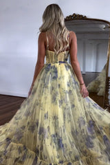 A Line Yellow Spaghetti Straps Floral Tulle Long Prom Dress