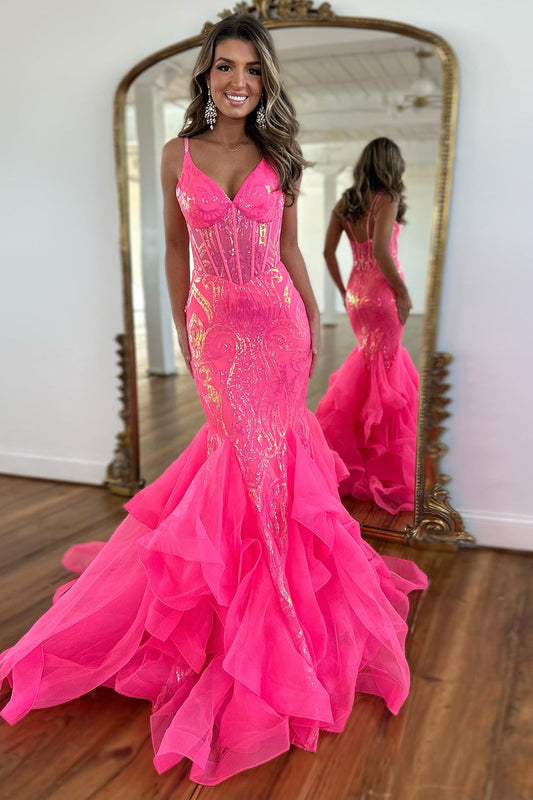 Sparkly Fuchsia Spaghetti Straps Corset Long Prom Drss with Ruffles