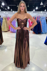 A Line Purple Sweetheart Metallic Pleated Long Prom Dress with Slit