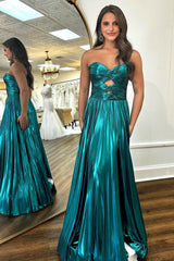 A Line Purple Sweetheart Metallic Pleated Long Prom Dress with Slit