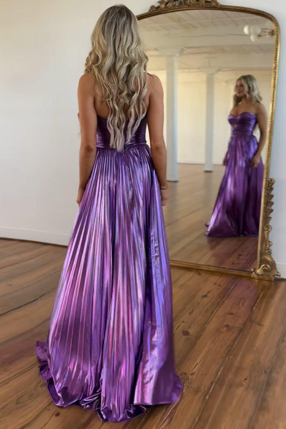 A Line Purple Sweetheart Metallic Pleated Long Prom Dress with Slit