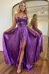 A Line Purple Sweetheart Metallic Pleated Long Prom Dress with Slit