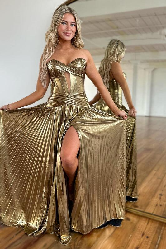 Golden A Line Metallic Corset Long Prom Dress with Slit