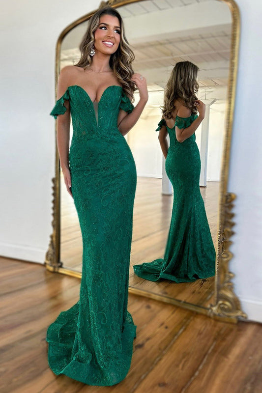 Sparkly Dark Green Off The Shoulder Mermaid Corset Long Prom Dress