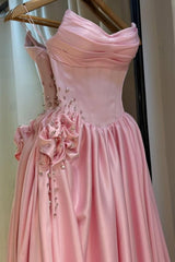 Pale Pink Satin Strapless Homecoming Dress With Rhinestone 3D Flower And High Slit Formal Evening Gown