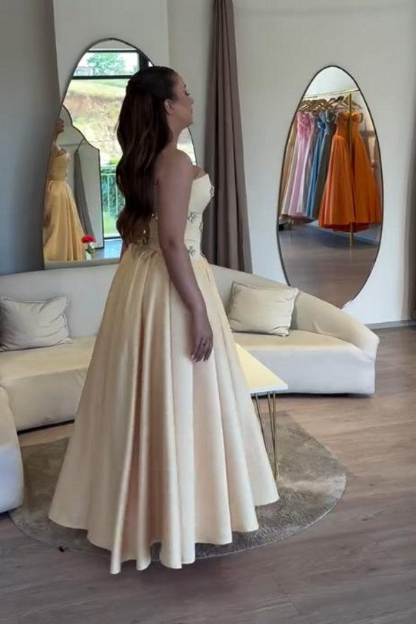 Pale Yellow Satin A Line Prom Dress with Crystal Flower Bodice